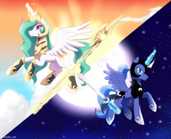 Size: 1100x899 | Tagged: safe, artist:riouku, imported from derpibooru, princess celestia, princess luna, alicorn, pony, fall of the crystal empire, armor, cloud, commission, crepuscular rays, female, glowing horn, halberd, horn, magic, moon, royal sisters, siblings, sisters, stars, sun, sword, weapon