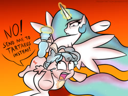 Size: 642x482 | Tagged: safe, artist:banebuster, imported from derpibooru, cozy glow, princess celestia, alicorn, pegasus, pony, series:tiny tia, a better ending for cozy, abuse, alternate ending, angry, cozybuse, discipline, duo, duo female, female, filly, freckles, glowing horn, gradient background, horn, imminent spanking, magic, open mouth, over the knee, punish the villain, punishment, spanking, spoiled brat, tail, tail pull, telekinesis, this will end in pain