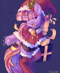 Size: 1650x2000 | Tagged: safe, artist:neonishe, imported from derpibooru, oc, oc only, pony, unicorn, bipedal, christmas, clothes, cute, eye clipping through hair, femboy, frog (hoof), hat, holiday, holly, hoofbutt, horn, looking at you, male, open mouth, present, ribbon, santa hat, signature, skirt, smiling, socks, solo, stockings, thigh highs, underhoof, unicorn oc