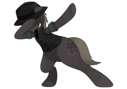 Size: 2480x1748 | Tagged: safe, artist:darkhooves, derpibooru exclusive, imported from derpibooru, oc, oc only, oc:darkhooves, earth pony, pony, derpibooru community collaboration, 2021 community collab, bipedal, clothes, dab, earth pony oc, eyeless pony, fedora, floppy ears, grin, hat, high res, male, necktie, rolled up sleeves, shirt, simple background, smiling, solo, stallion, transparent background, underhoof, vest