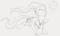 Size: 1193x723 | Tagged: safe, artist:dotkwa, imported from derpibooru, fluttershy, pegasus, pony, dancing, disco ball, eyes closed, female, grayscale, head turned, leg warmers, lineart, mare, monochrome, open mouth, raised leg, simple background, sketch, smiling, solo, spread wings, turned head, white background, wings