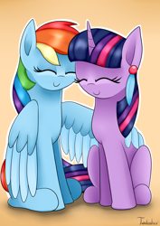 Size: 2480x3507 | Tagged: safe, artist:twidasher, imported from derpibooru, rainbow dash, twilight sparkle, pegasus, pony, unicorn, duo, eyes closed, feather, female, hug, lesbian, shipping, signature, smiling, twidash, unicorn twilight, winghug