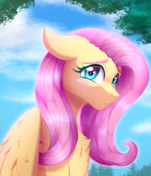 Size: 1337x1560 | Tagged: safe, artist:_ladybanshee_, imported from derpibooru, fluttershy, pegasus, pony, blushing, bust, chest fluff, cute, female, floppy ears, looking at you, mare, nature, outdoors, portrait, shyabetes, sky, solo, three quarter view, wings