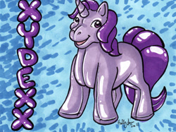 Size: 418x313 | Tagged: safe, artist:hollyann, imported from derpibooru, oc, oc only, inflatable pony, pony, unicorn, abstract background, horn, inflatable, male, signature, smiling, solo, stallion, traditional art, unicorn oc