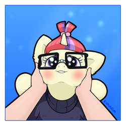 Size: 1500x1500 | Tagged: safe, artist:kumakum, imported from derpibooru, part of a set, moondancer, pony, unicorn, blushing, clothes, cute, dancerbetes, female, glasses, hands on cheeks, happy, looking at you, male, male pov, mare, offscreen character, pov, smiling, sweater, weapons-grade cute