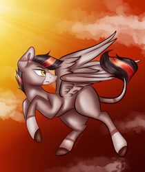 Size: 1080x1286 | Tagged: safe, artist:rxndxm.artist, imported from derpibooru, oc, oc only, pegasus, pony, colored hooves, flying, leonine tail, looking back, outdoors, pegasus oc, solo, wings