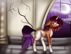 Size: 1080x822 | Tagged: safe, artist:rxndxm.artist, imported from derpibooru, oc, oc only, pony, unicorn, chest fluff, crescent moon, frown, horn, indoors, moon, night, solo, stars, transparent moon, unicorn oc