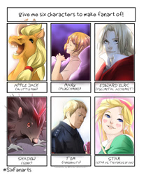 Size: 850x1015 | Tagged: safe, artist:colanike, imported from derpibooru, applejack, earth pony, hedgehog, human, pony, six fanarts, bust, clothes, crossover, edward elric, eye scar, eyes closed, female, fullmetal alchemist, hoers, male, mare, mug, open mouth, scar, shadow the hedgehog, sleeping, sonic the hedgehog (series), star butterfly, star vs the forces of evil