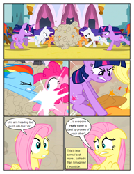 Size: 612x792 | Tagged: safe, artist:newbiespud, edit, edited screencap, imported from derpibooru, screencap, applejack, fluttershy, pinkie pie, rainbow dash, rarity, twilight sparkle, earth pony, pegasus, pony, unicorn, comic:friendship is dragons, a canterlot wedding, season 2, ball of violence, comic, dialogue, disguise, disguised changeling, eyelashes, eyes closed, female, fight, frown, glare, gritted teeth, hat, mane six, mare, running, screencap comic, unicorn twilight