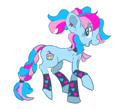 Size: 4400x3850 | Tagged: safe, artist:roachtoon, imported from derpibooru, oc, oc:sugar twist, earth pony, bow, braid, clothes, cupcake, cute, cutie mark, doodle, female, food, gray eyes, leg warmers, mare, piercing, ponytail, standing