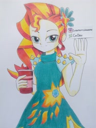 Size: 3120x4160 | Tagged: safe, artist:crydevi, imported from derpibooru, sunset shimmer, equestria girls, legend of everfree, alternate hairstyle, clothes, dress, drink, hairpin, smiling, solo, traditional art, waving