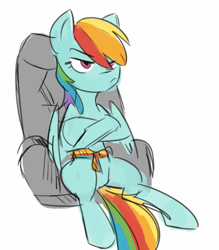 Size: 636x725 | Tagged: artist needed, source needed, safe, rainbow dash, pegasus, pony, car seat, crossed arms, crossed hooves, female, mare, seatbelt, simple background, sitting, solo, unamused, white background, wings