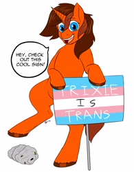 Size: 2480x3184 | Tagged: safe, artist:mcsplosion, imported from derpibooru, trixie, oc, oc:painterly flair, unicorn, bait, female, hornet's nest, metaphor, pride flag, self aware bait, sign, trans mare trixie, trans trixie, transgender