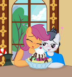 Size: 5333x5760 | Tagged: safe, artist:dtavs.exe, artist:tolpain, imported from ponybooru, rumble, scootaloo, anthro, pegasus, banana split, blushing, collaboration, date, food, girly, ice cream, puppy love