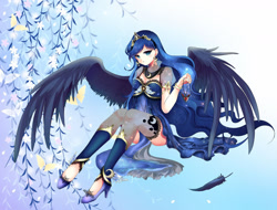 Size: 1280x972 | Tagged: safe, artist:rurucreations, imported from derpibooru, princess luna, human, alicorn amulet, feather, female, humanized, sitting, solo, winged humanization, wings