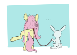 Size: 1280x906 | Tagged: safe, artist:rhorse, angel bunny, fluttershy, pegasus, pony, rabbit, ..., abstract background, animal, behaving like a dog, duo, flutterpet, leash, raised leg, sketches from a hat