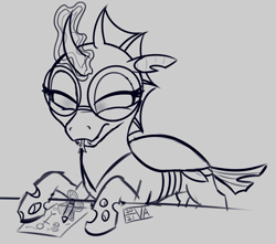 Size: 1219x1079 | Tagged: safe, artist:evan555alpha, imported from ponybooru, oc, oc only, oc:yvette (evan555alpha), changeling, changeling oc, concentrating, cute, drawing, fangs, female, forked tongue, glasses, magic, monochrome, paper, pencil, round glasses, signature, sketch, solo, squint, text, tongue out