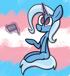 Size: 1721x1883 | Tagged: safe, artist:rainbowbacon, imported from derpibooru, trixie, pony, unicorn, pride, pride flag, sitting, solo, trans trixie, transgender, transgender pride flag