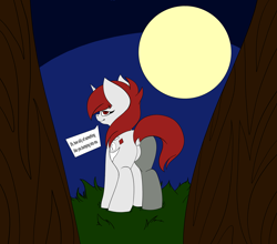 Size: 3023x2663 | Tagged: safe, artist:the-narrator, imported from derpibooru, oc, oc:revy(theunidentifiedchangeling), pony, unicorn, dialogue, flank, forest background, looking at you, looking back, looking back at you, moon, night, simple coloring, solo, speech bubble