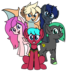 Size: 5142x5425 | Tagged: safe, artist:yugtra, imported from derpibooru, oc, oc only, oc:lodestone, oc:luscious desire, oc:pink candy bat, oc:star fall, oc:toxcity, oc:windsweeper, bat pony, changeling, dragon, earth pony, pony, unicorn, clothes, group photo, group shot, long mane, looking at you, one-piece swimsuit, pose, short mane, simple background, smiling, spread wings, swimsuit, transparent background, wings