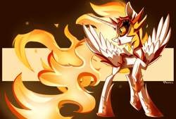 Size: 1600x1080 | Tagged: safe, artist:sadtrooper, imported from derpibooru, daybreaker, alicorn, pony, antagonist, armor, female, helmet, mare, raised hoof, solo, spread wings, villainess, wing armor, wings