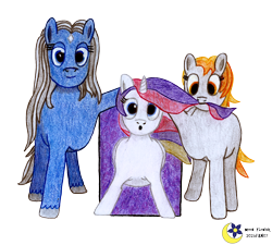 Size: 3280x2954 | Tagged: safe, artist:moon flower, derpibooru exclusive, imported from derpibooru, oc, oc only, oc:darkest hour, oc:moon flower, oc:noble pinions, alicorn, earth pony, pony, derpibooru community collaboration, 2021, 2021 community collab, alicorn oc, blue eyes, blue fur, coat markings, colored pencil drawing, coloured pencil drawing, earth pony oc, ethereal hair, ethereal mane, eyelashes, facial markings, feathered wings, folded wings, front view, gray mane, grey fur, grey hair, high res, hooves, horn, lidded eyes, logo, looking at something, looking at you, looking down, minecraft, mouth hold, nether portal, open mouth, orange eyes, orange hair, orange mane, pencil drawing, pink hair, pink mane, portal, purple hair, purple mane, raised leg, signature, simple background, smiling, spread legs, spreading, star (coat marking), tail, traditional art, transparent background, trio, wings