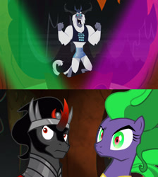 Size: 1192x1328 | Tagged: safe, artist:kayman13, artist:tentapone, imported from derpibooru, king sombra, mane-iac, storm king, pony, unicorn, yeti, my little pony: the movie, power ponies (episode), confused, dancer, dancing, evil lair, female, grogar's lair, huh, lair, looking forward, male, not impressed, spotlight