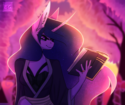 Size: 1208x1020 | Tagged: safe, artist:elektra-gertly, imported from derpibooru, twilight sparkle, anthro, big ears, big horn, book, eyeshadow, horn, jewelry, makeup, mascara, night, outdoors, reading, ring, smiling, solo, tree