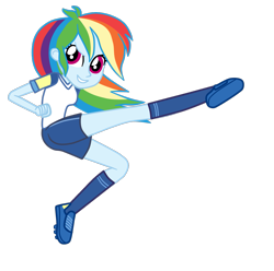 Size: 1205x1194 | Tagged: safe, artist:gmaplay, imported from derpibooru, rainbow dash, human, equestria girls, clothes, kicking, shirt, shorts, simple background, socks, solo, sports, sports shirt, sports shorts, transparent background, vector