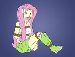 Size: 2280x1752 | Tagged: safe, artist:aramirn123, imported from derpibooru, fluttershy, equestria girls, arm behind back, arms tied, blue background, bondage, boots, bound, bound and gagged, breasts, busty fluttershy, clothes, feet tied, female, femsub, fluttersub, gag, gradient background, looking at you, rope, rope bondage, shoes, simple background, sitting, skirt, solo, solo female, submissive, tape, tape gag, tied, tied up