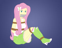 Size: 2280x1752 | Tagged: safe, alternate version, artist:aramirn123, imported from derpibooru, fluttershy, equestria girls, arm behind back, arms tied, blue background, bondage, boots, bound, bound and gagged, breasts, busty fluttershy, clothes, colored outlines, feet tied, female, femsub, fluttersub, gag, gradient background, looking at you, rope, rope bondage, shoes, simple background, sitting, skirt, solo, solo female, submissive, tape, tape gag, tied, tied up