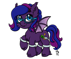 Size: 1300x1080 | Tagged: safe, artist:dawn-designs-art, imported from derpibooru, oc, oc only, oc:velvet daydream, bat pony, fluffy pony, pony, blue eyes, bracelet, digital art, fangs, female, fluffy, glasses, happy, jewelry, mare, purple coat, simple background, solo, transparent background