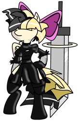 Size: 1024x1580 | Tagged: safe, artist:singularmj, imported from derpibooru, songbird serenade, anthro, pegasus, pony, semi-anthro, my little pony: the movie, 2b, automata, blindfold, blindfolded, buster sword, clothes, costume, dress, female, hand on hip, magic, magic circle, mare, nier, nier: automata, simple background, socks, solo, sword, transparent background, weapon