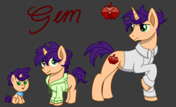 Size: 1150x700 | Tagged: safe, artist:thetenthclass, imported from derpibooru, oc, oc only, oc:gem, pony, unicorn, age progression, baby, baby pony, bib, clothes, colt, gray background, hoodie, magical lesbian spawn, male, offspring, parent:applejack, parent:rarity, parents:rarijack, shirt, simple background, solo, stallion, tongue out