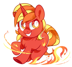 Size: 905x834 | Tagged: safe, artist:yokokinawa, imported from derpibooru, oc, oc only, oc:red fire, pony, unicorn, chibi, fire, looking at you, male, simple background, smiling, solo, stallion, white background, white pupils