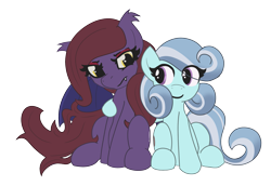 Size: 2033x1401 | Tagged: safe, artist:brownie-bytes, imported from derpibooru, oc, oc only, bat pony, crystal pony, derpibooru community collaboration, 2021 community collab, annoyed, bat pony oc, bat wings, crystal pony oc, duo, ear fluff, female, mare, simple background, sitting, smiling, transparent background, wings
