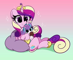 Size: 4096x3356 | Tagged: safe, artist:kittyrosie, imported from derpibooru, princess cadance, princess flurry heart, alicorn, pony, baby, baby pony, blushing, cute, cutedance, duo, female, filly, floppy ears, flurrybetes, foal, food, gradient background, hnnng, ice cream, ice cream cone, kittyrosie is trying to murder us, mare, mother and child, mother and daughter, sitting, smiling, sweet dreams fuel, weapons-grade cute