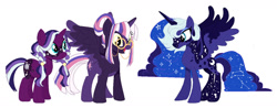 Size: 1280x503 | Tagged: safe, artist:teafrown, imported from derpibooru, princess luna, twilight sparkle, oc, oc:dreamcatcher, alicorn, pony, unicorn, base used, constellation, family, female, glasses, lesbian, magical lesbian spawn, mare, offspring, parent:princess luna, parent:twilight sparkle, parents:twiluna, redesign, shipping, simple background, twilight sparkle (alicorn), twiluna, white background