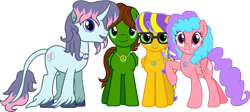 Size: 2780x1250 | Tagged: safe, artist:crisostomo-ibarra, imported from derpibooru, oc, oc only, oc:bella pinksavage, oc:fluffybriefs, oc:sunrise glisten, oc:swiftgaia, pony, unicorn, curved horn, female, glasses, horn, jewelry, looking at you, male, mare, necklace, peace symbol, simple background, smiling, stallion, transparent background