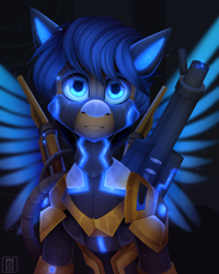 Size: 4724x5906 | Tagged: safe, artist:buvanybu, imported from derpibooru, oc, oc only, oc:crushingvictory, pegasus, pony, robot, robot pony, glow, glowing, gun, light wings, solo, weapon