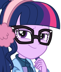 Size: 2688x3178 | Tagged: safe, artist:sketchmcreations, imported from derpibooru, sci-twi, twilight sparkle, equestria girls, equestria girls series, holidays unwrapped, spoiler:eqg series (season 2), clothes, coat, earmuffs, female, hand on chin, looking at you, scarf, simple background, smiling, smirk, smug, smuglight sparkle, solo, transparent background, vector, winter break-in, winter outfit