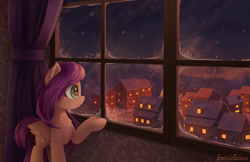 Size: 1920x1241 | Tagged: safe, artist:emeraldgalaxy, imported from derpibooru, fluttershy, pegasus, pony, city, female, folded wings, house, indoors, looking away, looking out the window, mare, ponyville, profile, raised hoof, smiling, snow, solo, standing, window, wings, winter