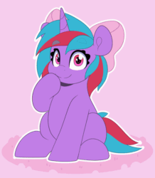 Size: 1746x2000 | Tagged: safe, artist:partylikeanartist, imported from derpibooru, oc, oc only, oc:cosmic spark, pony, unicorn, animated, bow, eyebrows, eyebrows visible through hair, gif, hair bow, looking at you, one eye closed, sitting, solo, wink