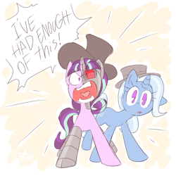 Size: 1024x1024 | Tagged: safe, artist:thegreatrouge, imported from derpibooru, starlight glimmer, trixie, cyborg, unicorn, angry, crossover, hat, henry stickmin collection, open mouth, parody, ragelight glimmer, reginald copperbottom, rhm, right hand man, right hand mare, speech bubble, this will end in communism, toppat clan