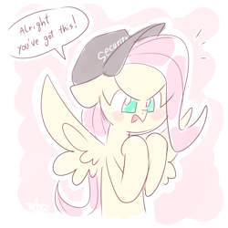 Size: 1024x1024 | Tagged: safe, artist:thegreatrouge, imported from derpibooru, fluttershy, pony, blushing, crossover, cute, dave pampa, dave panpa, hat, henry stickmin collection, open mouth, parody, shyabetes, solo, speech bubble