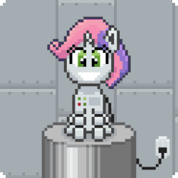 Size: 384x384 | Tagged: safe, artist:nitobit, artist:silent pone, derpibooru exclusive, imported from derpibooru, sweetie belle, pony, robot, robot pony, animated, charger, charging, female, filly, gif, heart, heart eyes, pixel art, sitting, solo, sweetie bot, wingding eyes