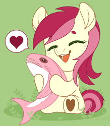 Size: 1357x1555 | Tagged: safe, artist:auroracursed, imported from derpibooru, roseluck, pony, shark, simple ways, chibi, cute, cuteluck, eyes closed, female, green background, heart, mare, pictogram, plushie, rosabetes, shark plushie, simple background, solo, toy