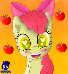 Size: 3840x4154 | Tagged: safe, artist:damlanil, imported from derpibooru, apple bloom, android, earth pony, pony, robot, robot pony, adorabloom, apple, apple bloom bot, apple bloom's bow, blushing, bow, cute, female, filly, food, hair bow, happy, heart, heart eyes, looking at you, mare, open mouth, simple background, smiling, vector, weapons-grade cute, wingding eyes
