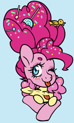 Size: 625x1026 | Tagged: safe, artist:/d/non, imported from derpibooru, li'l cheese, pinkie pie, bird, duck, earth pony, pony, the last problem, :p, blue background, blushing, candy, eyes closed, female, filly, food, lollipop, male, mama pinkie, mother and child, mother and son, older, older pinkie pie, one eye closed, parent and son, simple background, sprinkles, tongue out, updo, wink