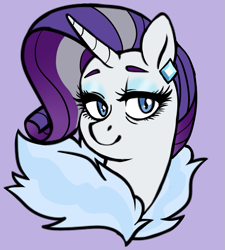 Size: 721x800 | Tagged: safe, artist:/d/non, imported from derpibooru, rarity, pony, unicorn, the last problem, bust, ear piercing, earring, eyeshadow, female, grey hair, jewelry, makeup, mare, older, older rarity, piercing, purple background, simple background, smiling, solo